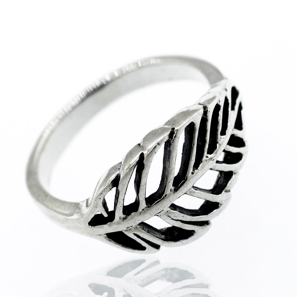 A Super Silver Leaf Ring with Cutout Design.