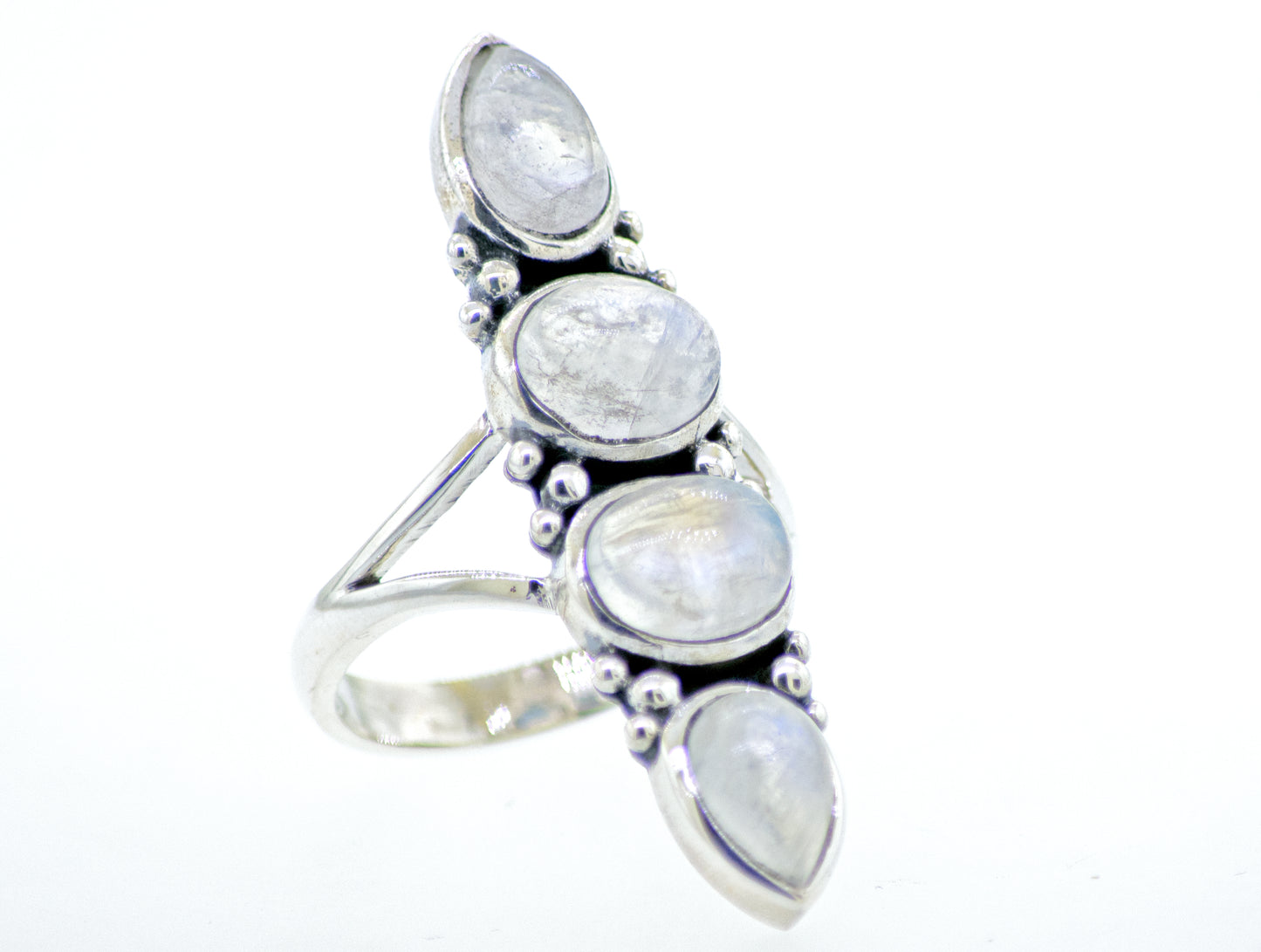 
                  
                    A Super Silver sterling silver ring with three Online Only Exclusive Elongated Moonstones on it, available at our online store.
                  
                