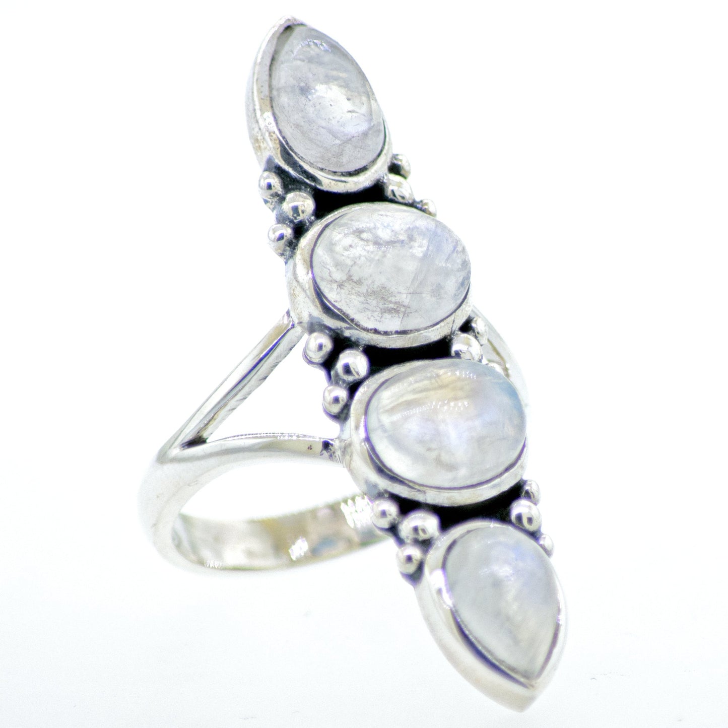 A Super Silver sterling silver ring with three Online Only Exclusive Elongated Moonstones on it, available at our online store.