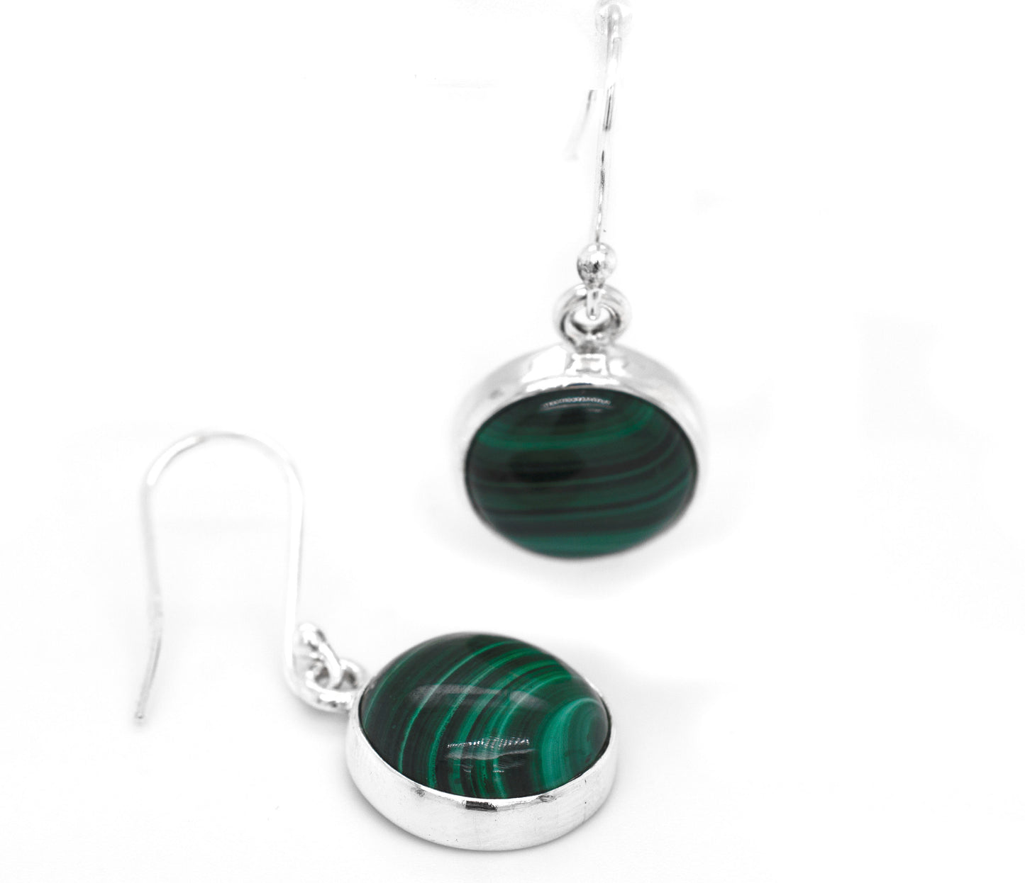 A pair of Super Silver Gorgeous Round Malachite Earrings featuring a mesmerizing green malachite stone known for its healing properties.