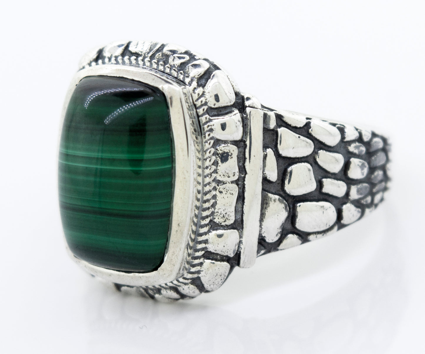 A statement Malachite Signet Ring With Dragon Scale Pattern.