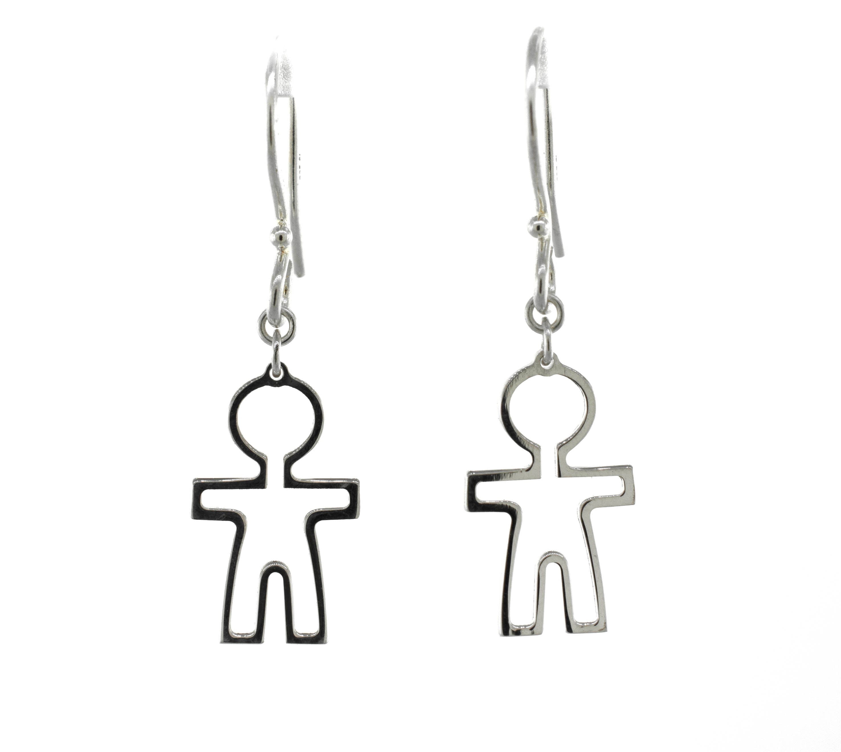 A pair of Super Silver Little Man Shaped Earrings featuring adorable little people.