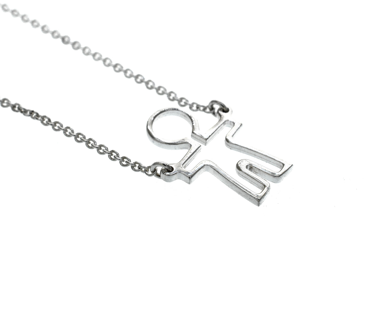 A Super Silver Little Man Necklace with a small figure representing love.