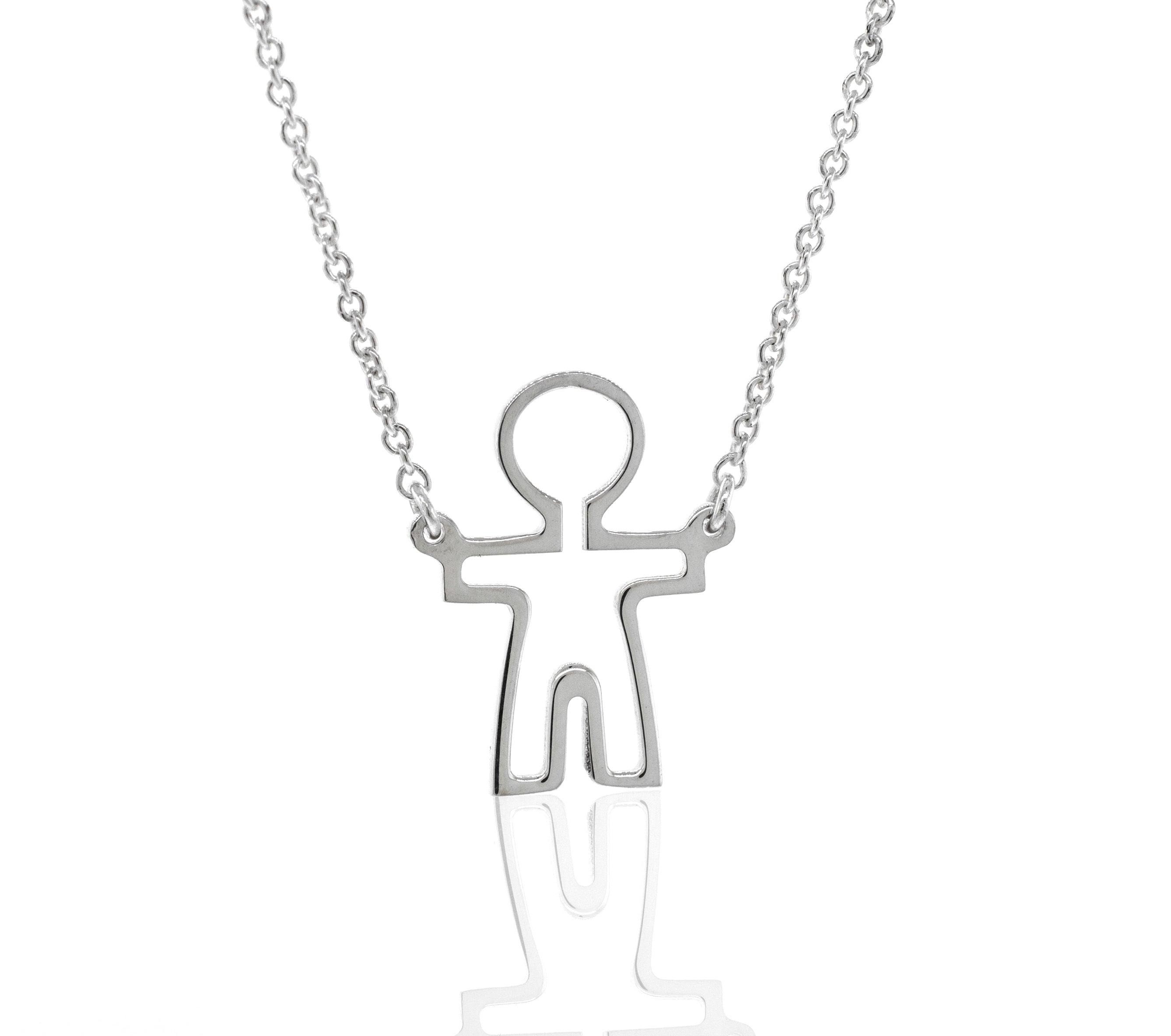 A Super Silver Little Man Necklace with a small figure representing love or humanity.