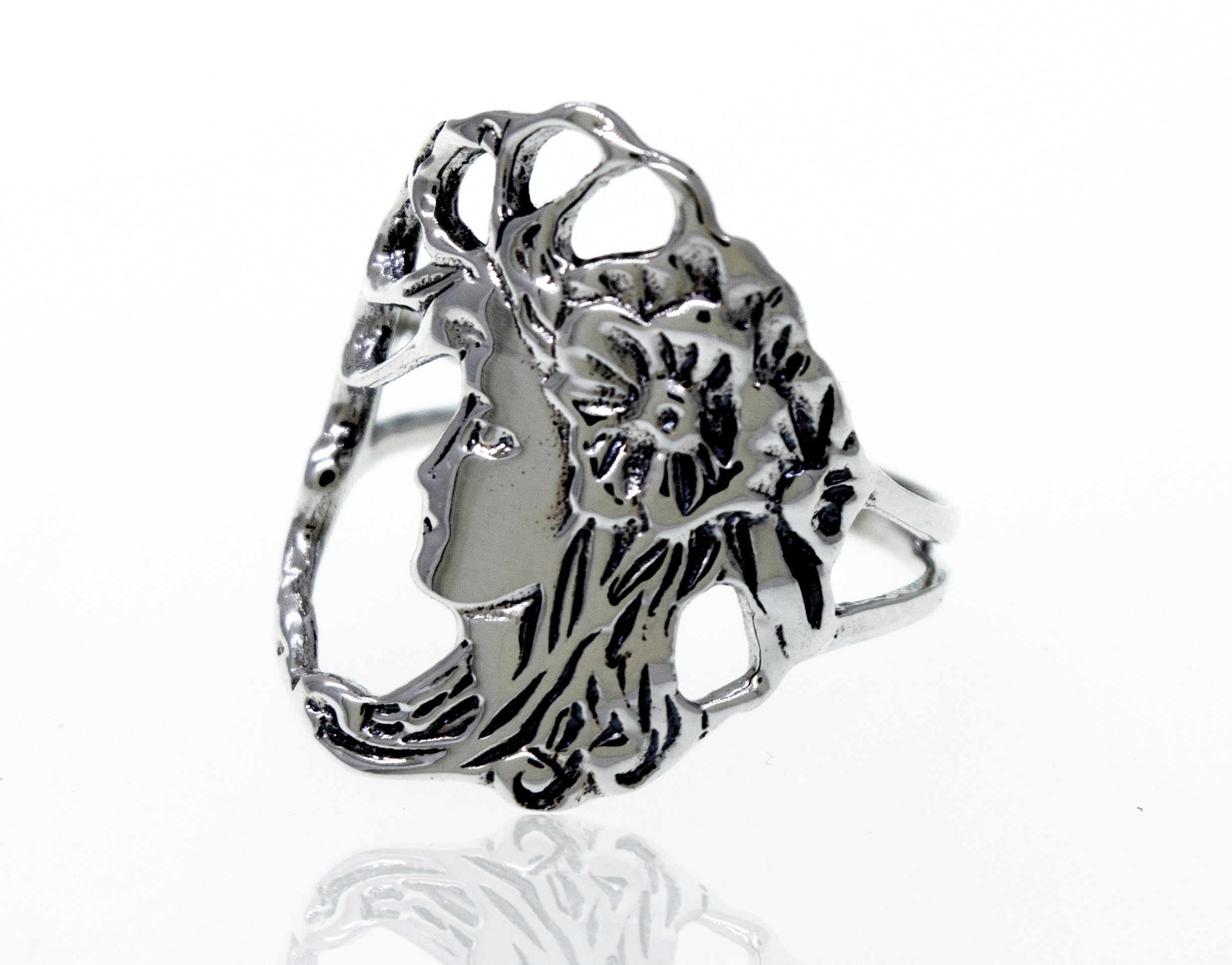 Sterling Silver Goddess Of Nature Ring featuring a detailed design of a mermaid face blended with graceful floral motifs.