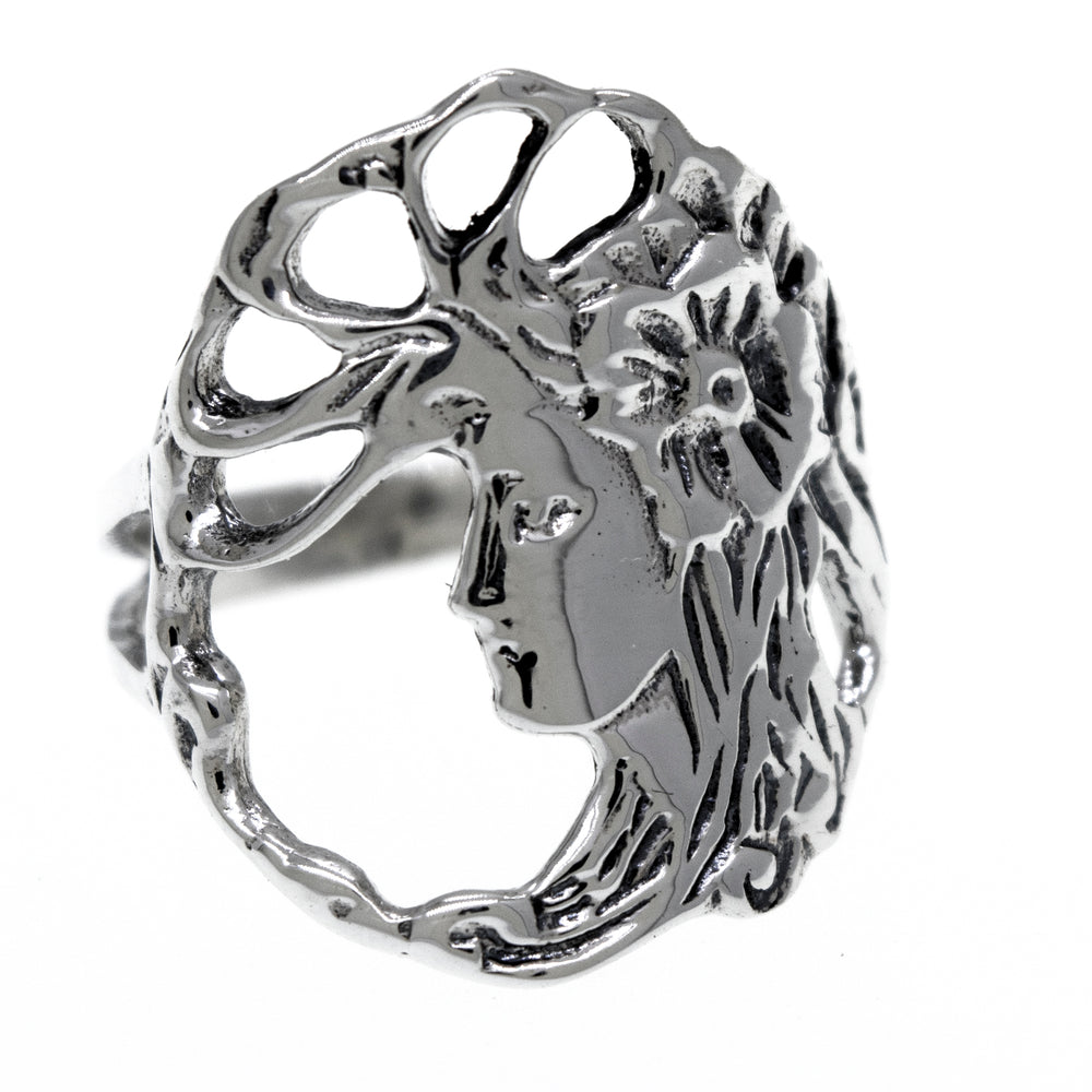 
                  
                    A boho-inspired Sterling Silver Goddess Of Nature Ring featuring a goddess face design.
                  
                
