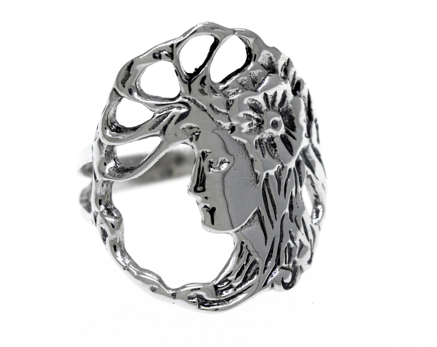 
                  
                    A boho-inspired Sterling Silver Goddess Of Nature Ring featuring a goddess face design.
                  
                