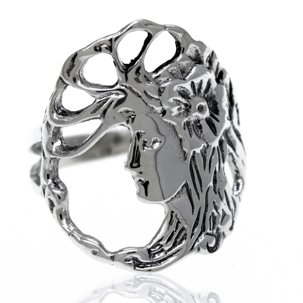 
                  
                    A Sterling Silver Goddess Of Nature Ring featuring a woman's face, perfect for those seeking a boho goddess vibe.
                  
                