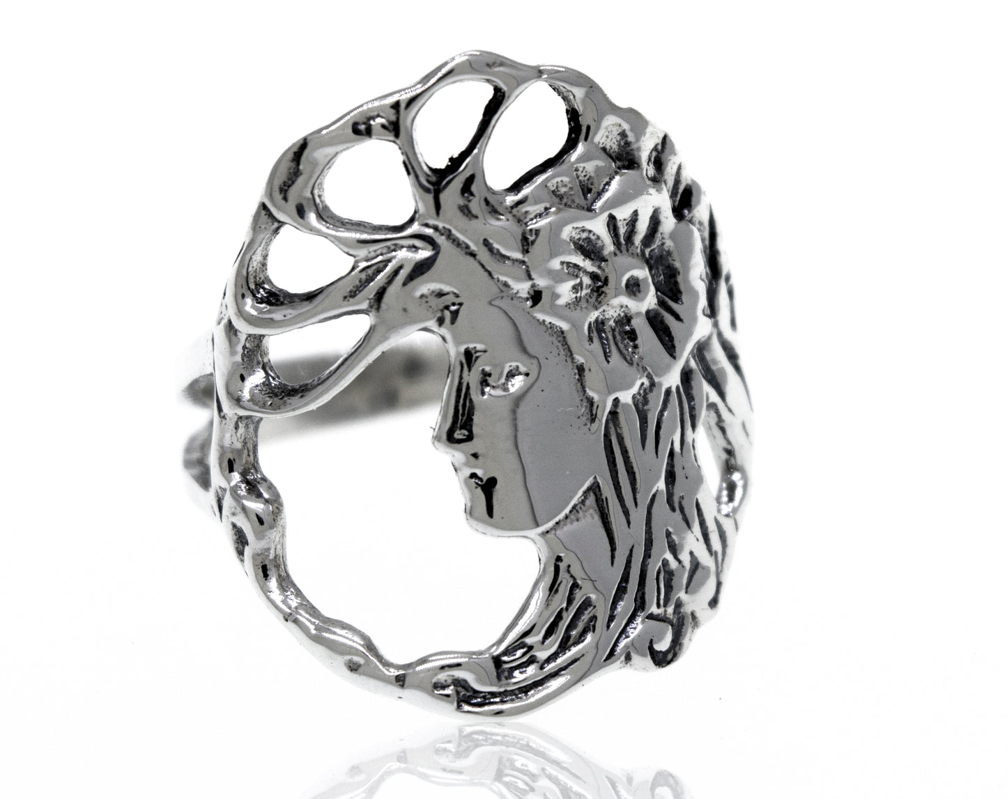 
                  
                    A Sterling Silver Goddess Of Nature Ring featuring a woman's face, perfect for those seeking a boho goddess vibe.
                  
                