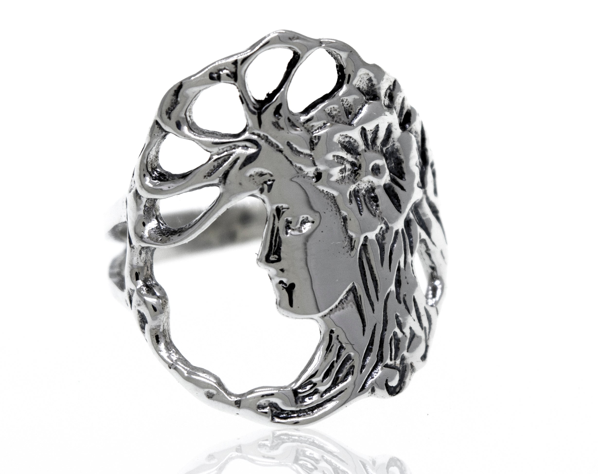 Sterling Silver Goddess Of Nature Ring showcasing a woman's profile intertwined with floral and abstract designs, crafted in .925 silver.