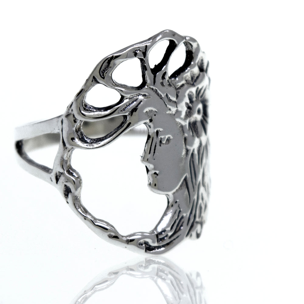 
                  
                    A boho-inspired Sterling Silver Goddess Of Nature Ring featuring the image of a goddess.
                  
                
