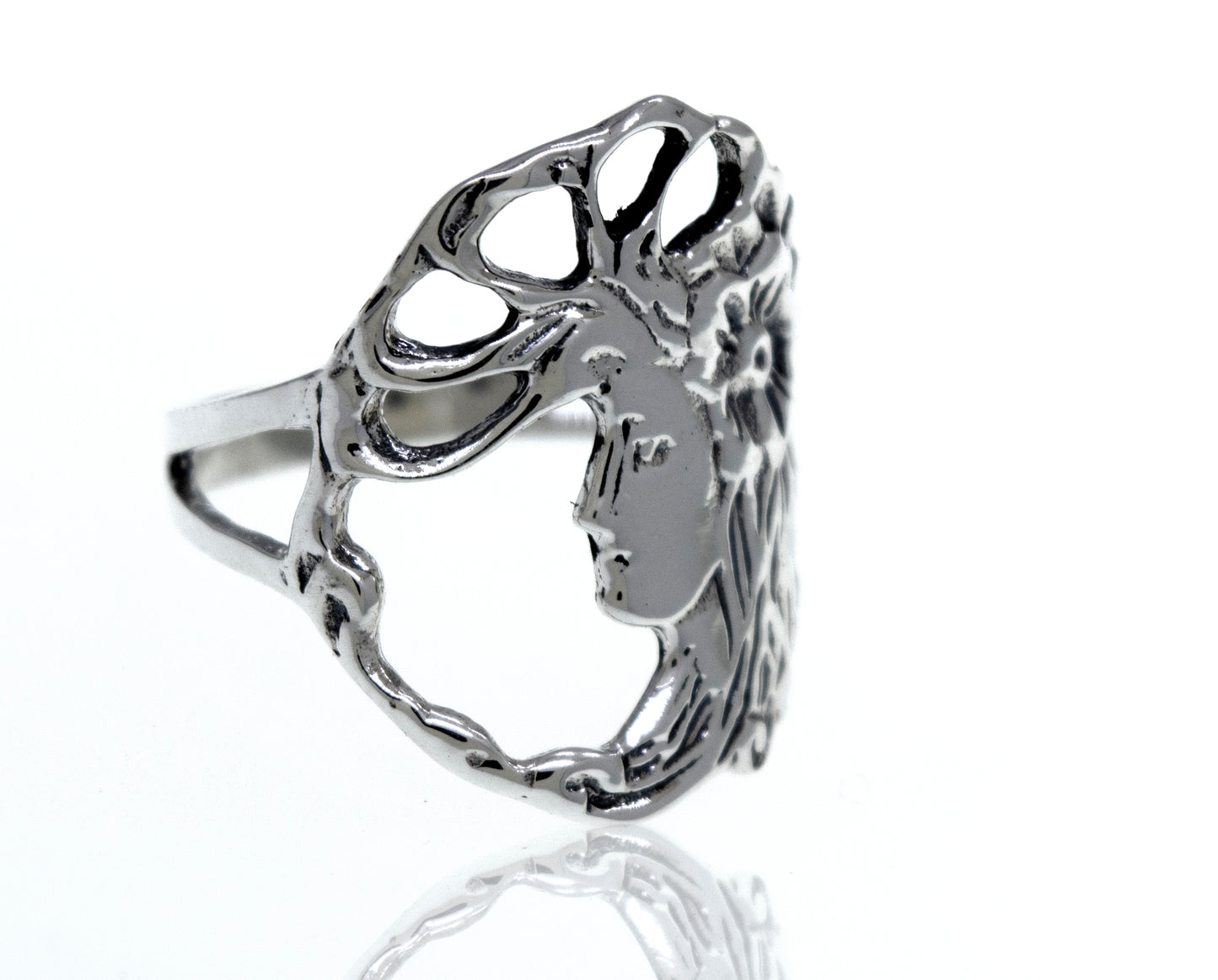 
                  
                    A boho-inspired Sterling Silver Goddess Of Nature Ring featuring the image of a goddess.
                  
                