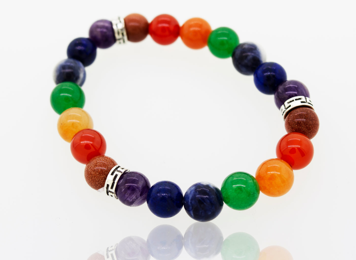 A stylish Chakra Stone Beads Bracelet adorned with a vibrant rainbow colored bead, imbued with energizing properties by Super Silver.