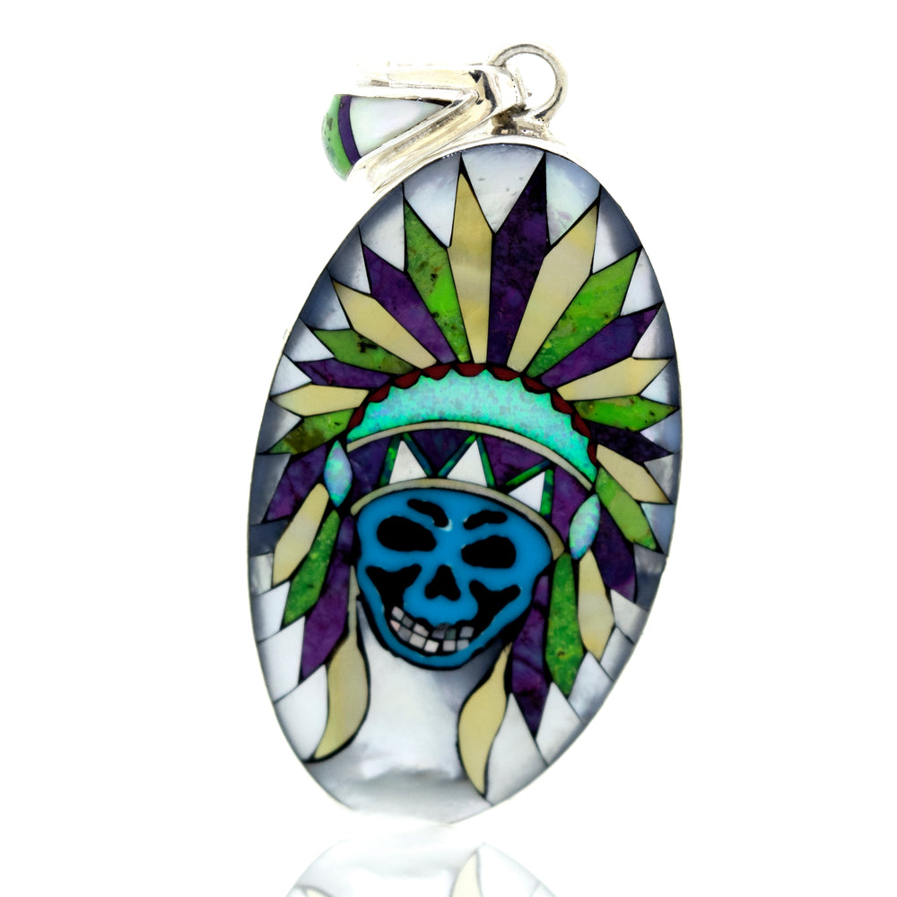 
                  
                    A unique Handcrafted Chief Skull Pendant adorned with an Indian headdress, expertly handcrafted by Super Silver.
                  
                