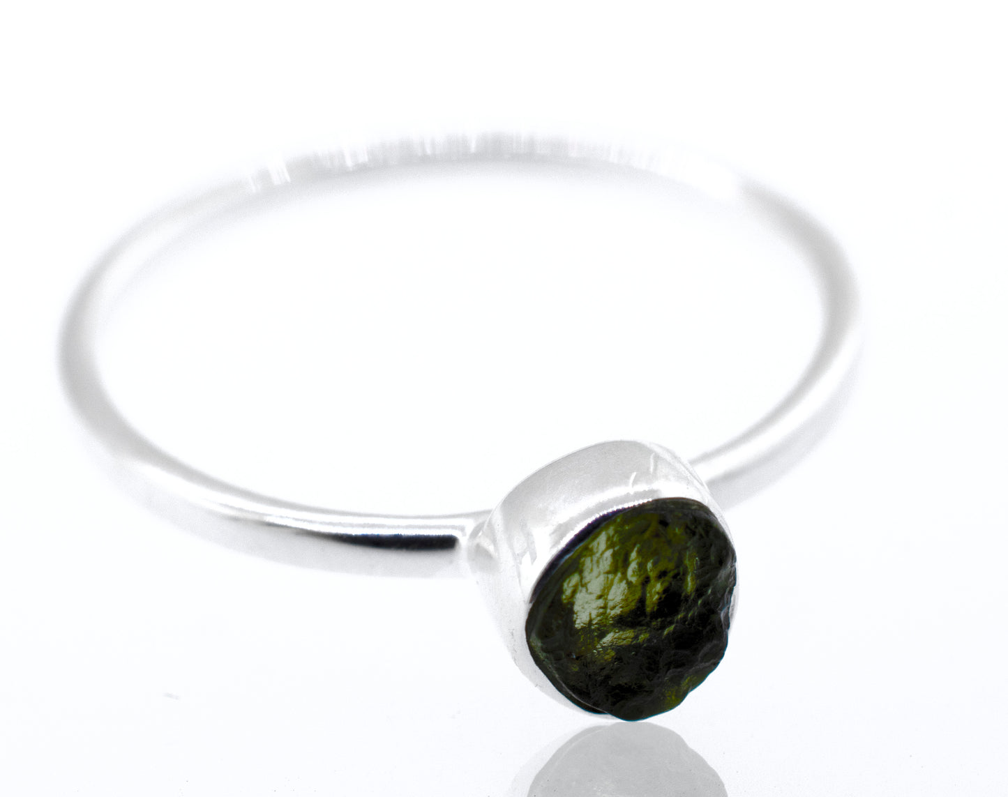 
                  
                    A sterling silver ring with a green tourmaline stone and a Super Silver Raw Moldavite Ring setting.
                  
                