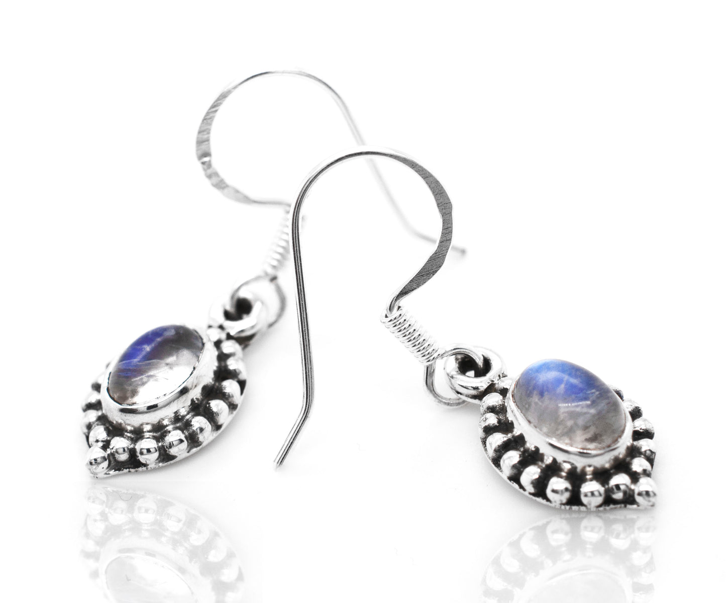 A pair of Super Silver's Dainty Moonstone Earring With Beaded Border.