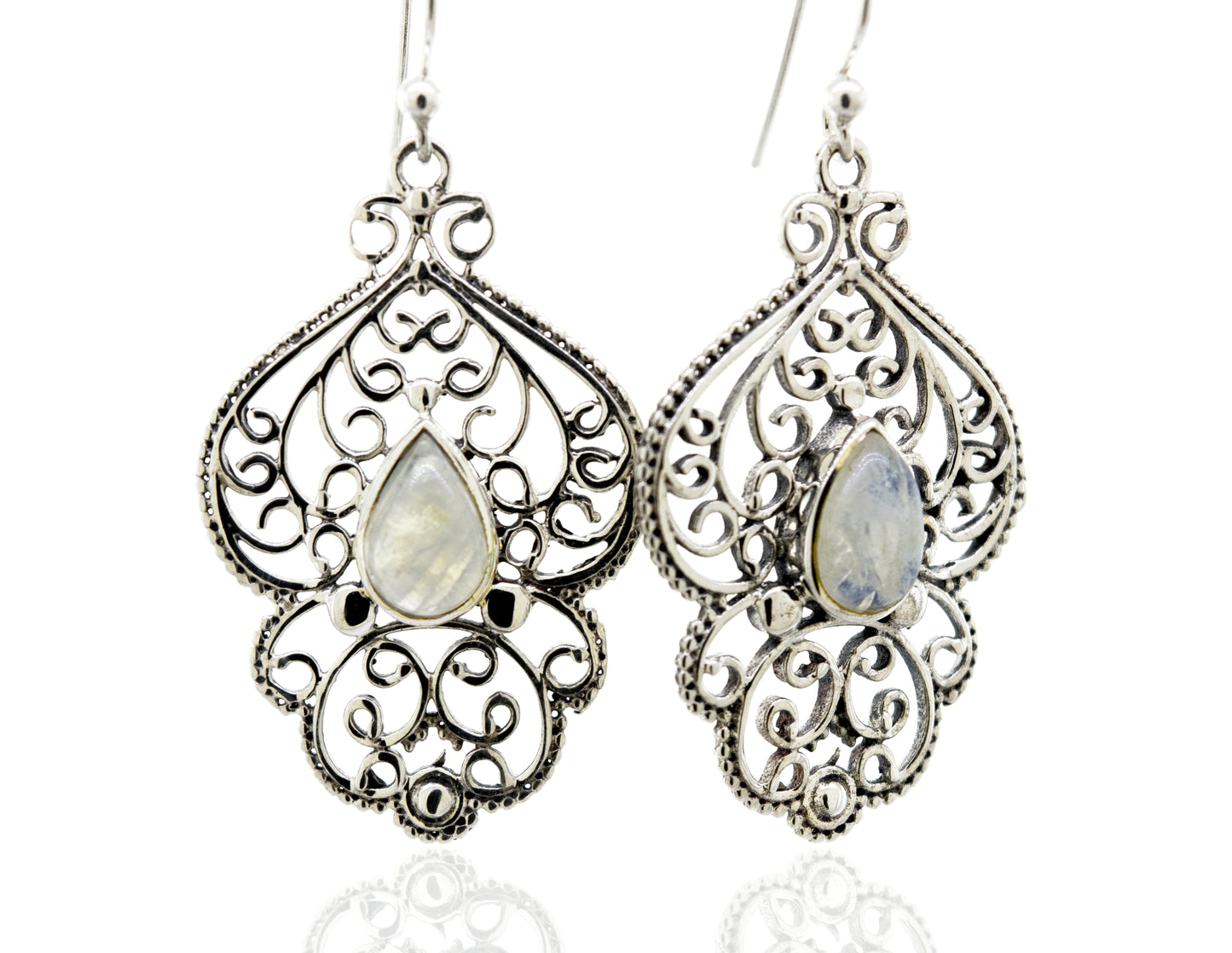 
                  
                    An exquisite pair of Super Silver Teardrop Moonstone Earrings with Freestyle Silver Design.
                  
                