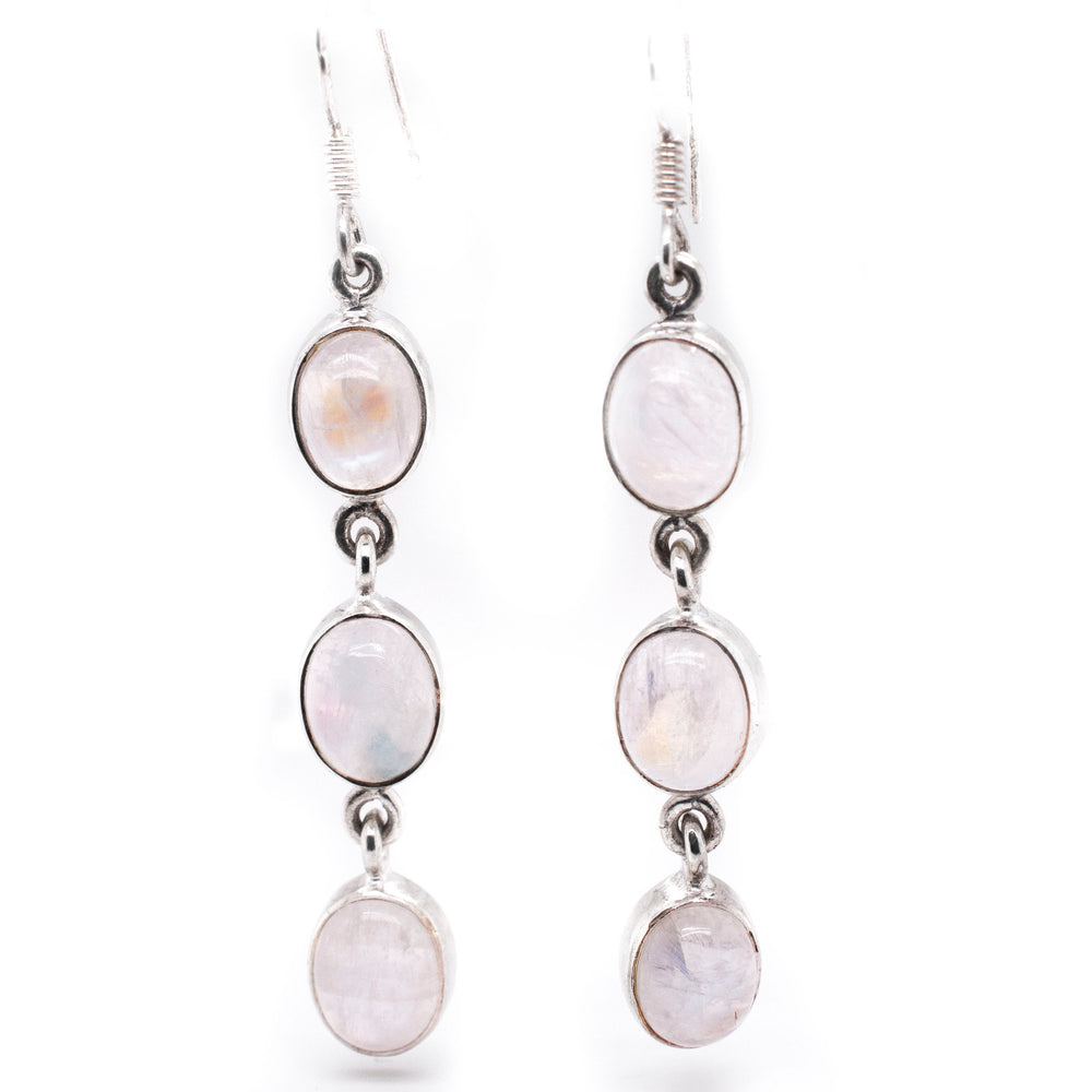 Super Silver's Radiant Long Earrings with Three Moonstones are made of .925 Sterling Silver.