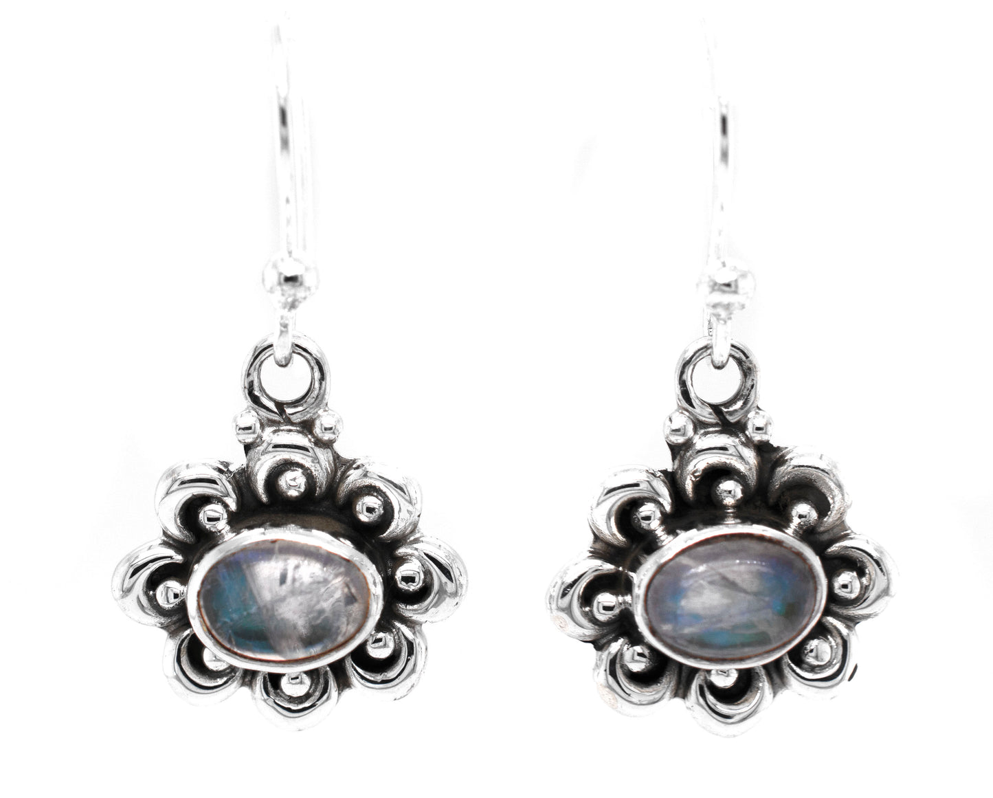 
                  
                    A pair of Darling Floral Moonstone Earrings by Super Silver, with a captivating labradorite stone.
                  
                