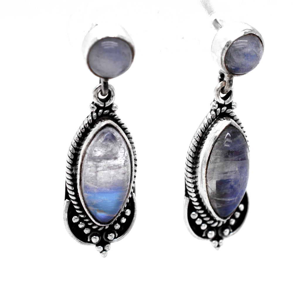 These Captivating Moonstone Earrings from Super Silver exude a vintage vibe with their oxidized rope setting.