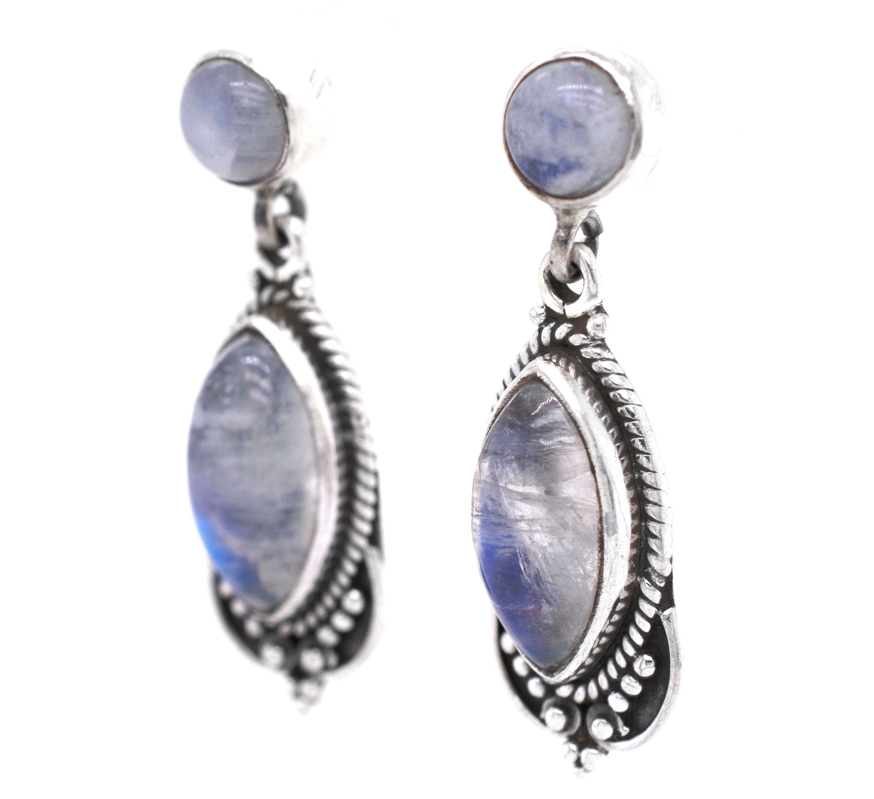 A pair of Super Silver Captivating Moonstone Earrings with a vintage vibe.