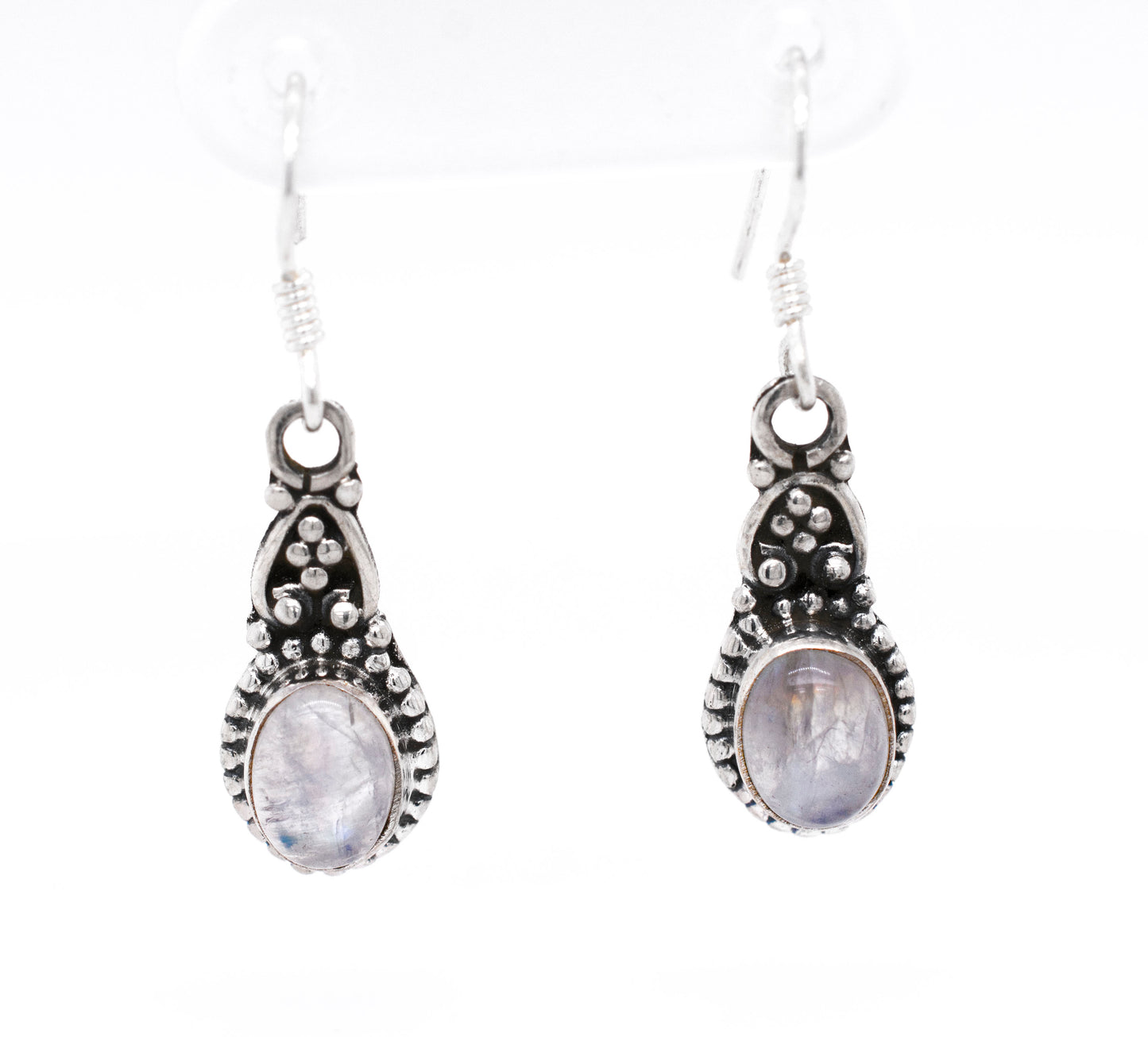A pair of Dainty Bali Style Moonstone Earrings adorned with moonstones, by Super Silver.