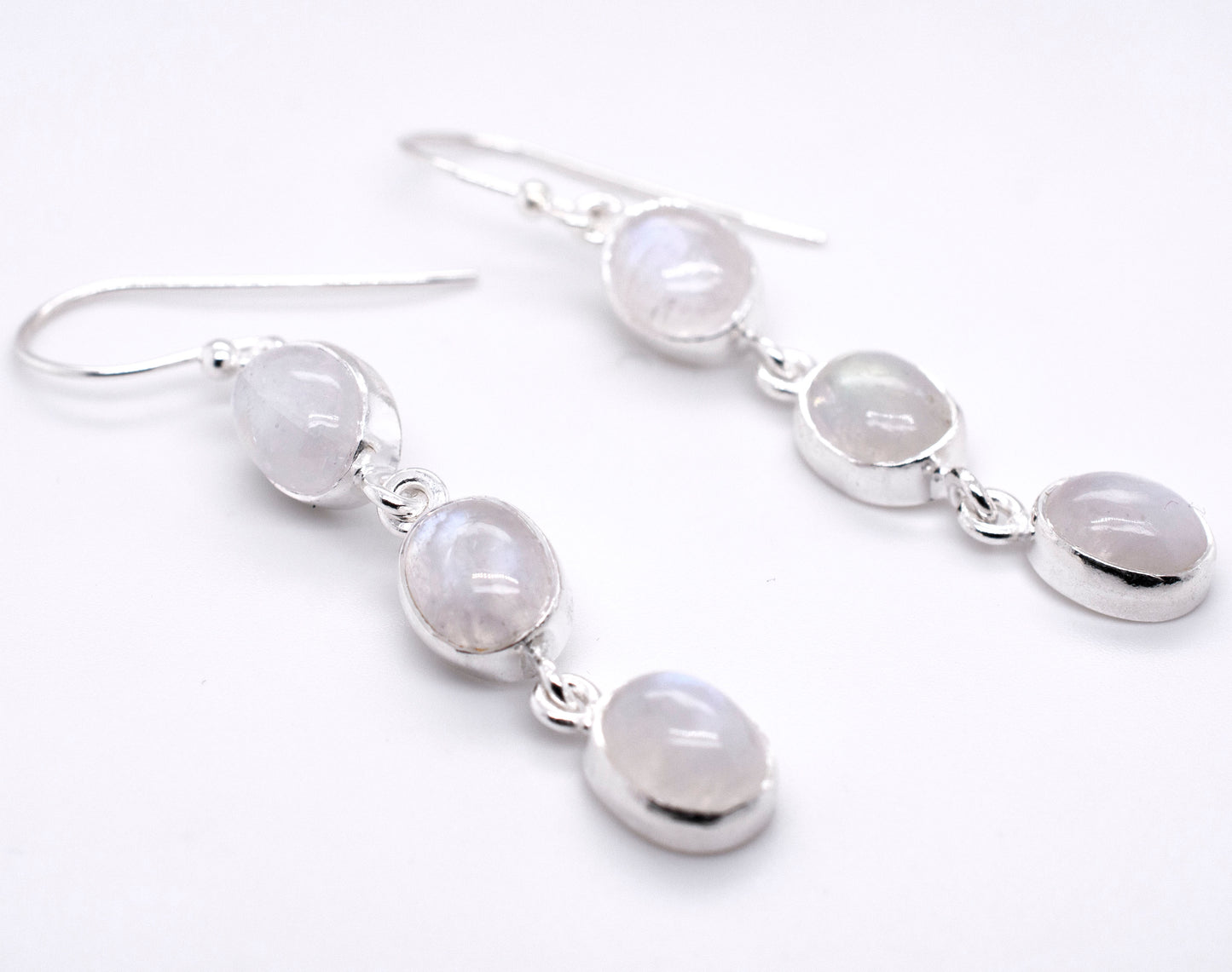 
                  
                    Radiant Long Earrings with Three Moonstones made by Super Silver.
                  
                