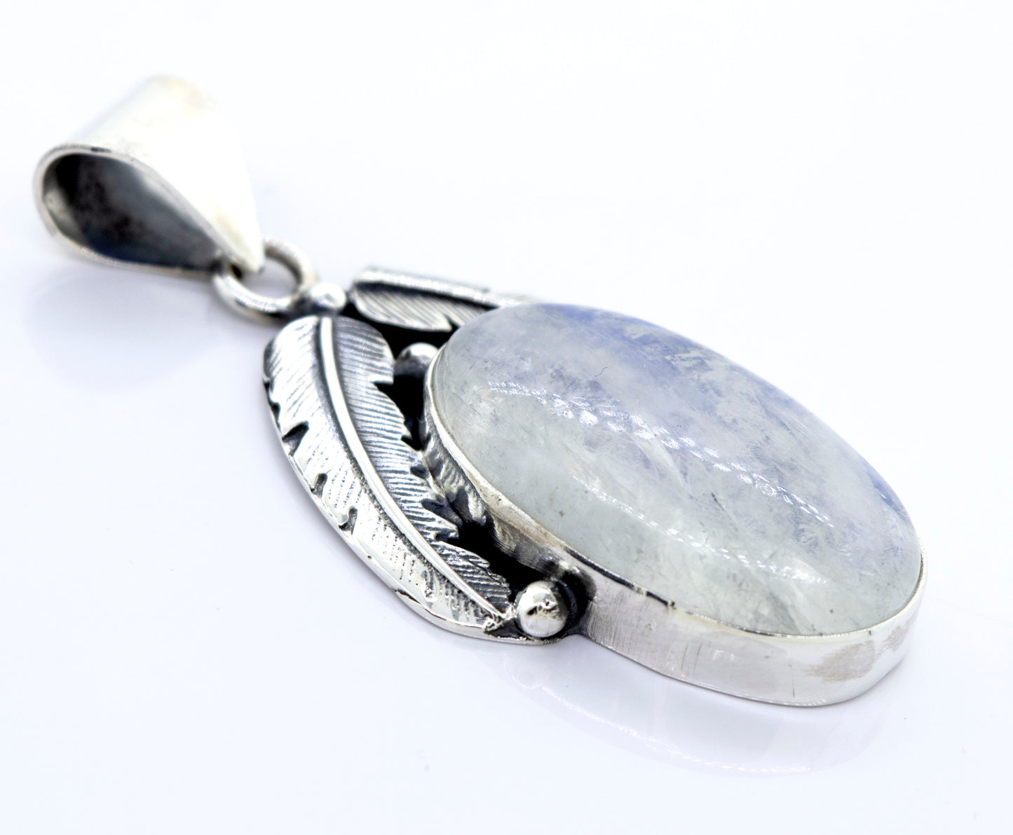 
                  
                    A Super Silver Moonstone Pendant with Feathers adorned with a blue stone and a feather.
                  
                