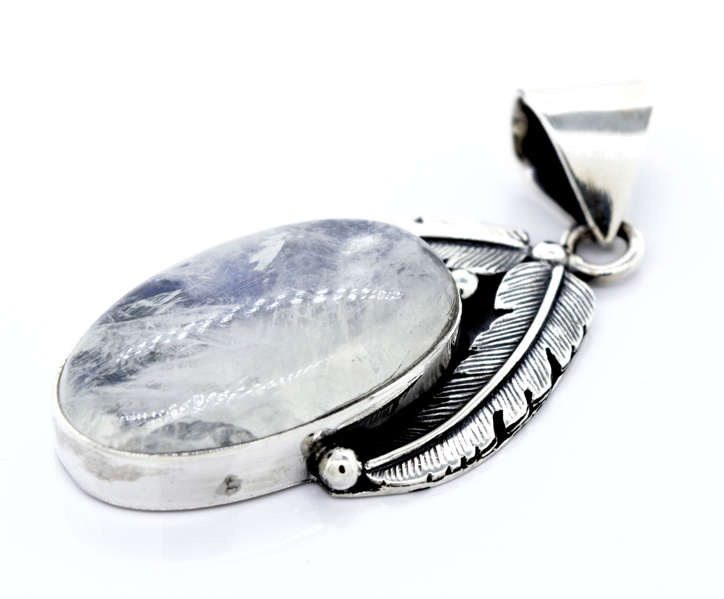 A Moonstone Pendant with Feathers adorned with feathers from Super Silver.