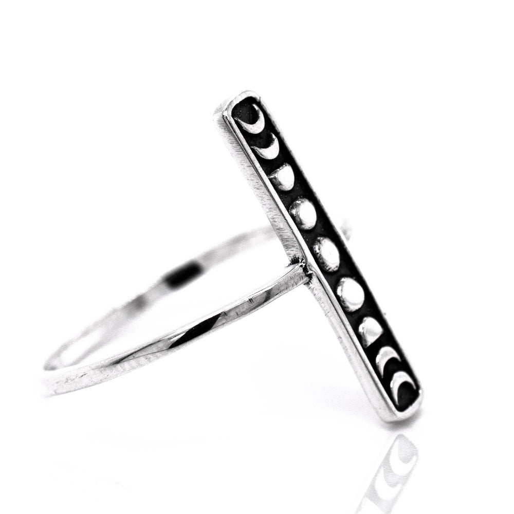 A Super Silver Elongated Moon Phases Ring showcasing the three phases of the moon.