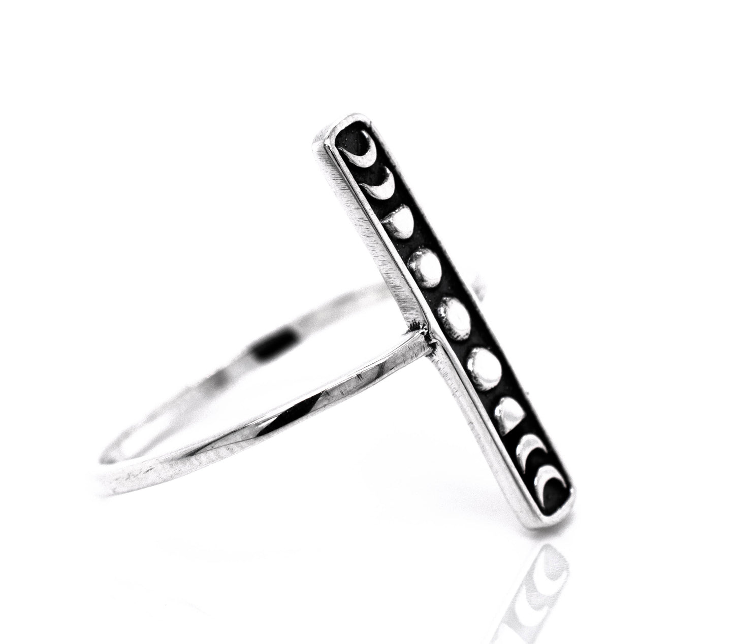 A Super Silver Elongated Moon Phases Ring showcasing the three phases of the moon.