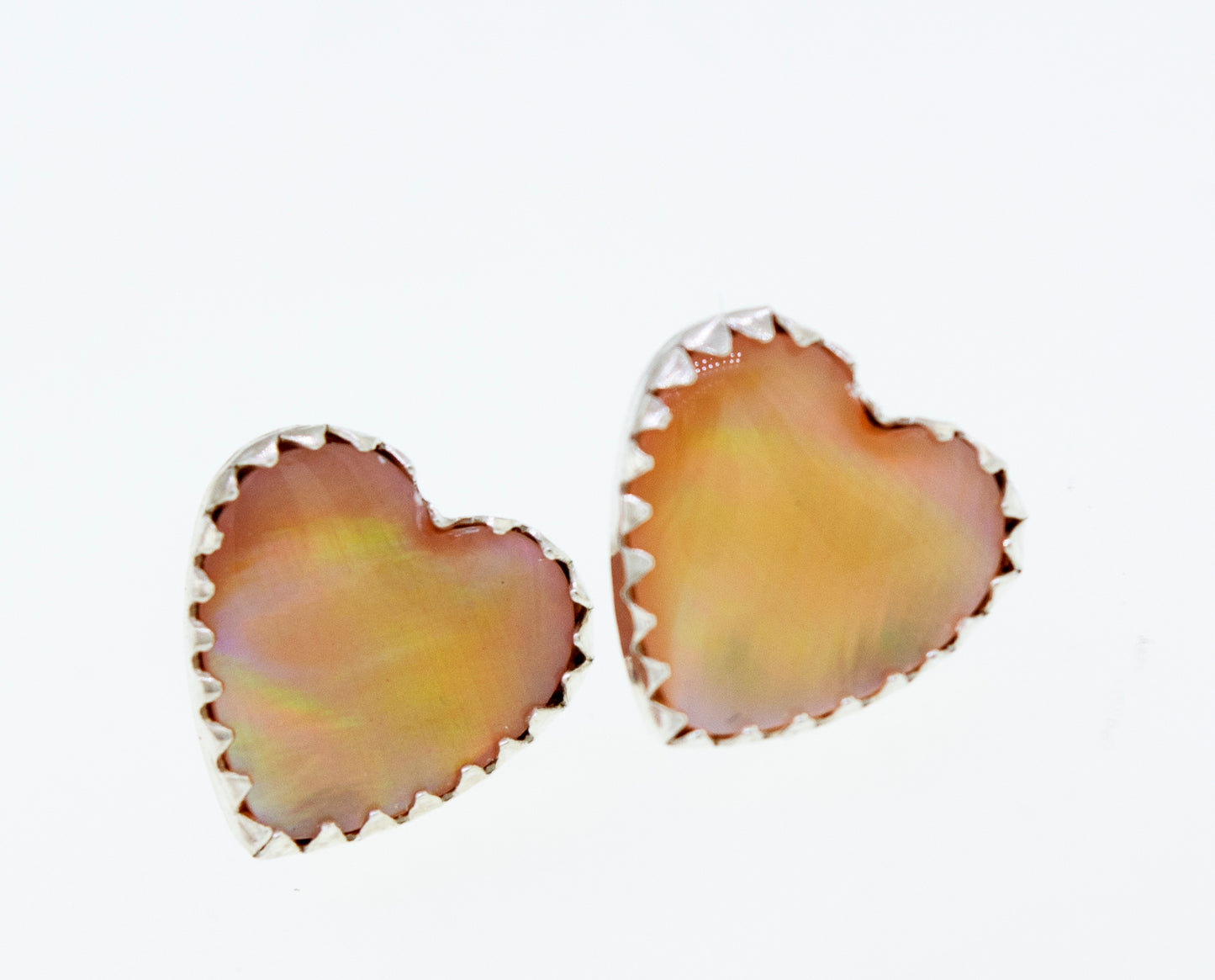 Super Silver American Made Mother of Pearl Heart Stud Earrings.