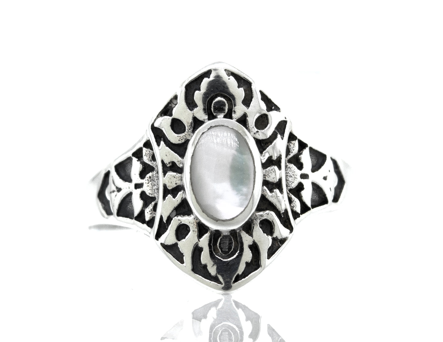 
                  
                    An ornate Super Silver Marquise Shield Ring With Inlaid Stones with an inlaid mother of pearl.
                  
                
