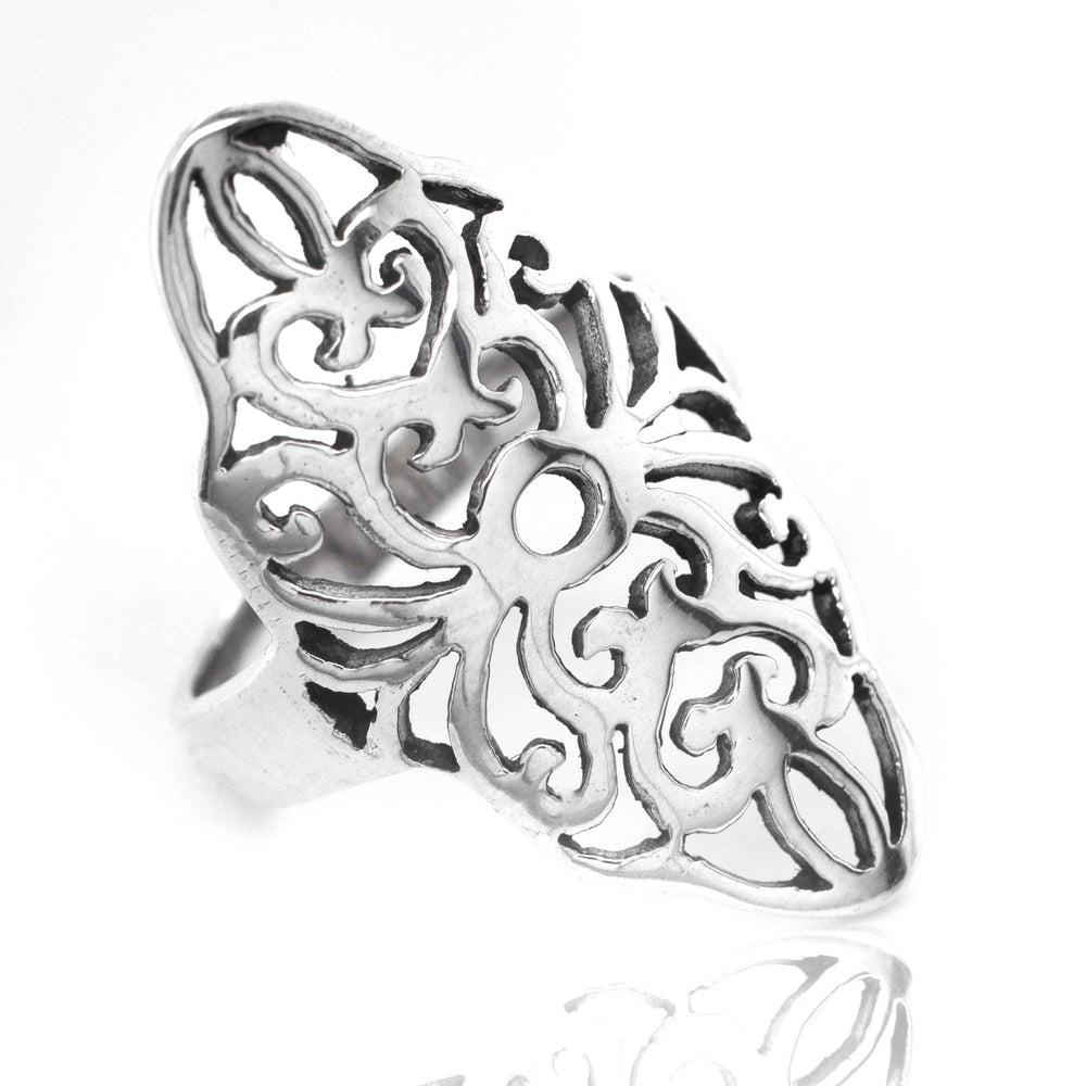 
                  
                    A stylish Super Silver Marquise Shaped Filigree Shield Ring with an ornate filigree design.
                  
                