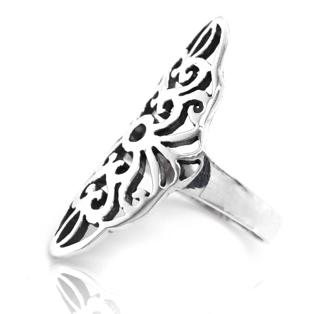 A stylish Super Silver Marquise Shaped Filigree Shield Ring.
