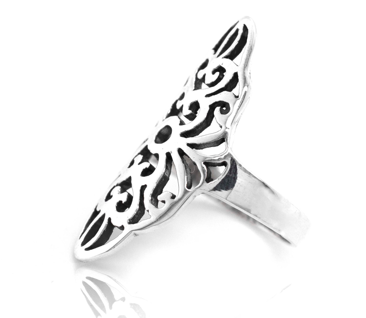 A stylish Super Silver Marquise Shaped Filigree Shield Ring.
