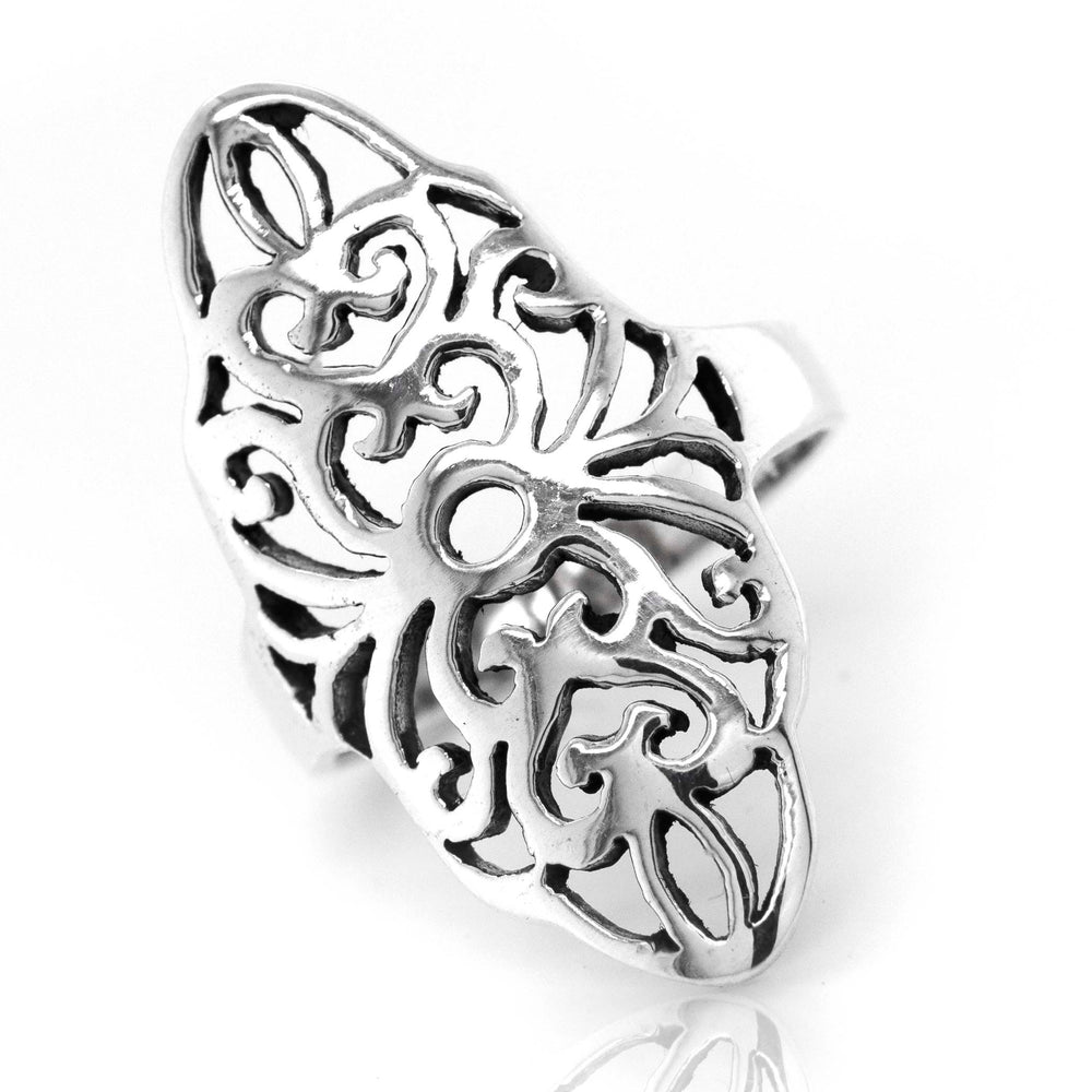 A stylish Marquise Shaped Filigree Shield Ring with an ornate filigree design, made by Super Silver.