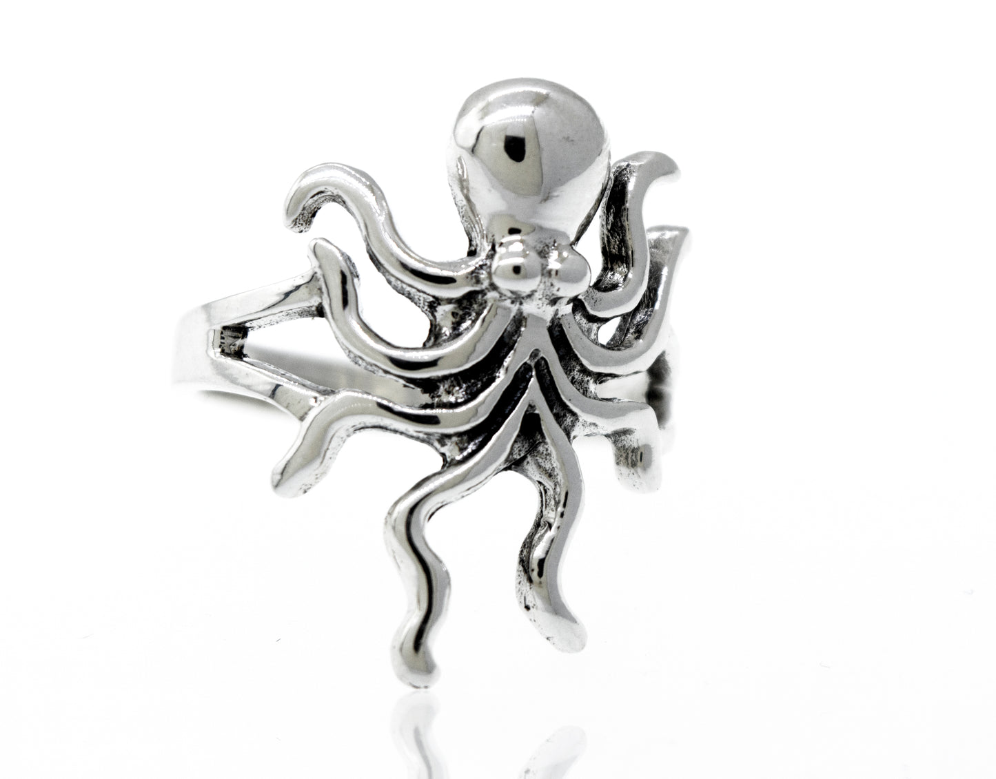 A high polish Super Silver sterling silver octopus ring on a white background.