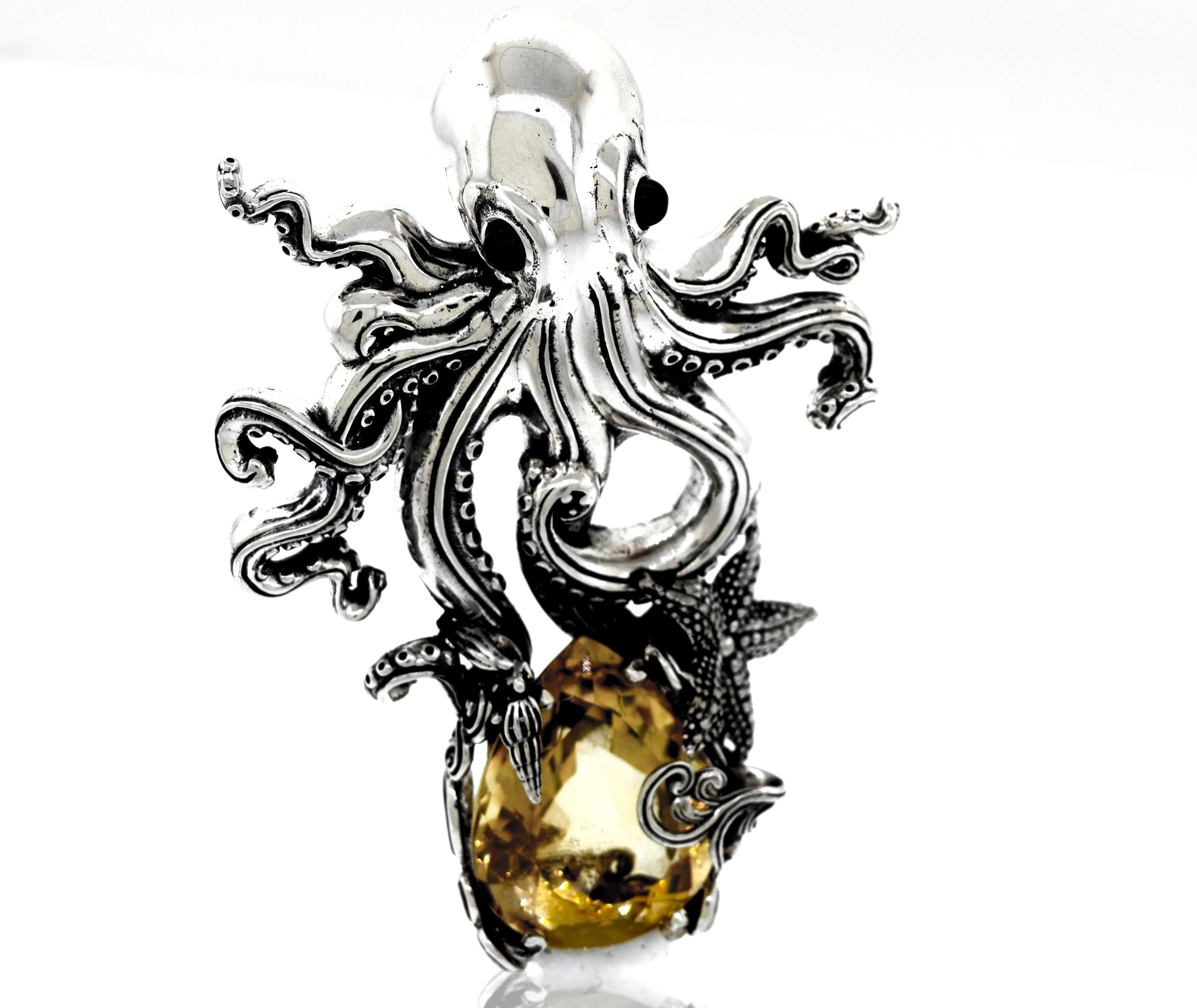 A Super Silver Designer Handmade Octopus Pendant With Vibrant Citrine Crystal.