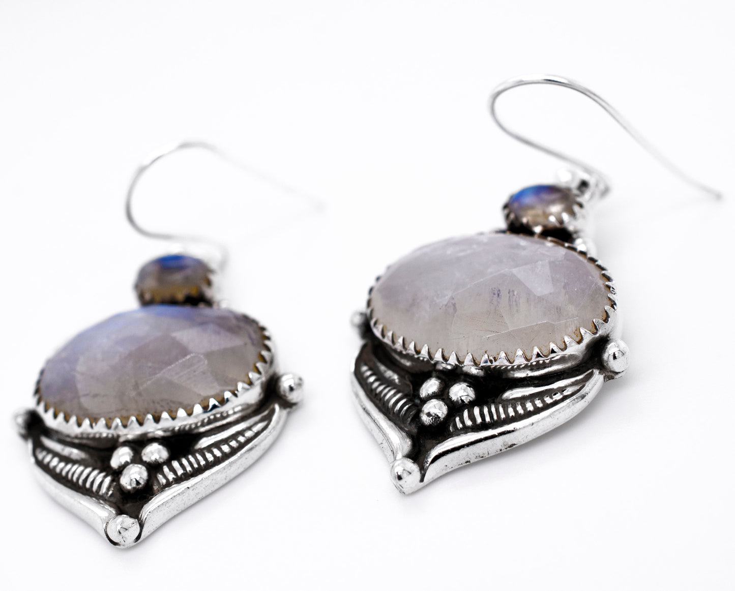 
                  
                    A pair of Spectacular Faceted Gemstone Earrings from Super Silver with a moonstone stone.
                  
                