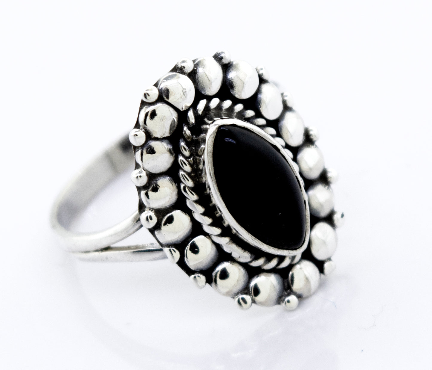 A Marquise Shaped Elegant Onyx Ring adorned with a beautiful black onyx stone, made by Super Silver.