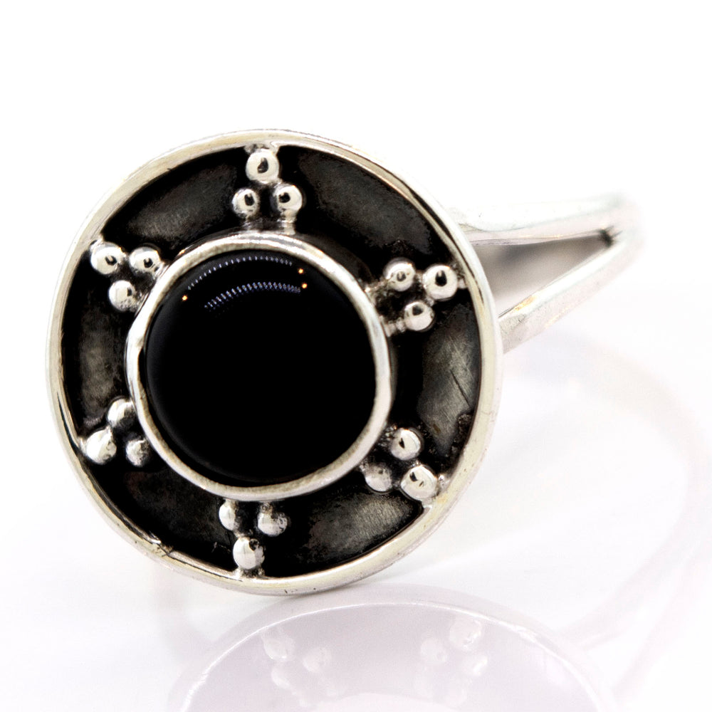 A Super Silver "Onyx Ring With Unique Oxidized Silver Design" with an onyx stone.
