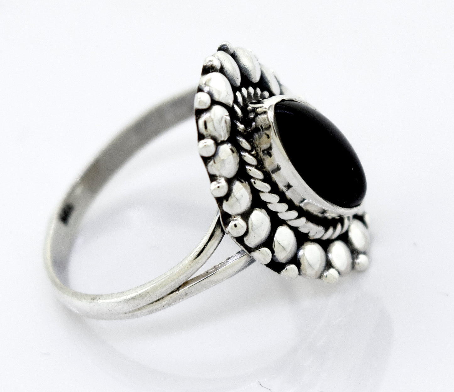 A Marquise Shaped Elegant Onyx Ring with a beautiful onyx stone by Super Silver.