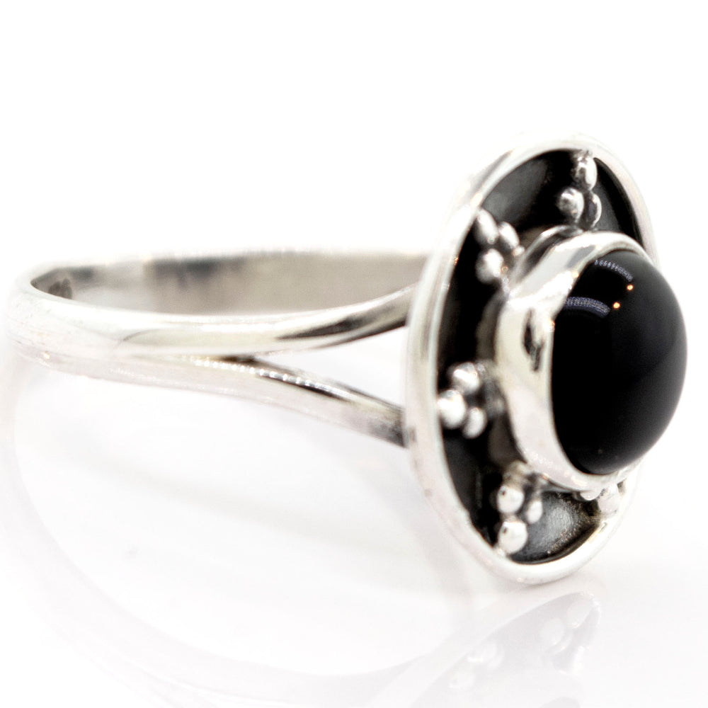 A Super Silver Onyx Ring With Unique Oxidized Silver Design.