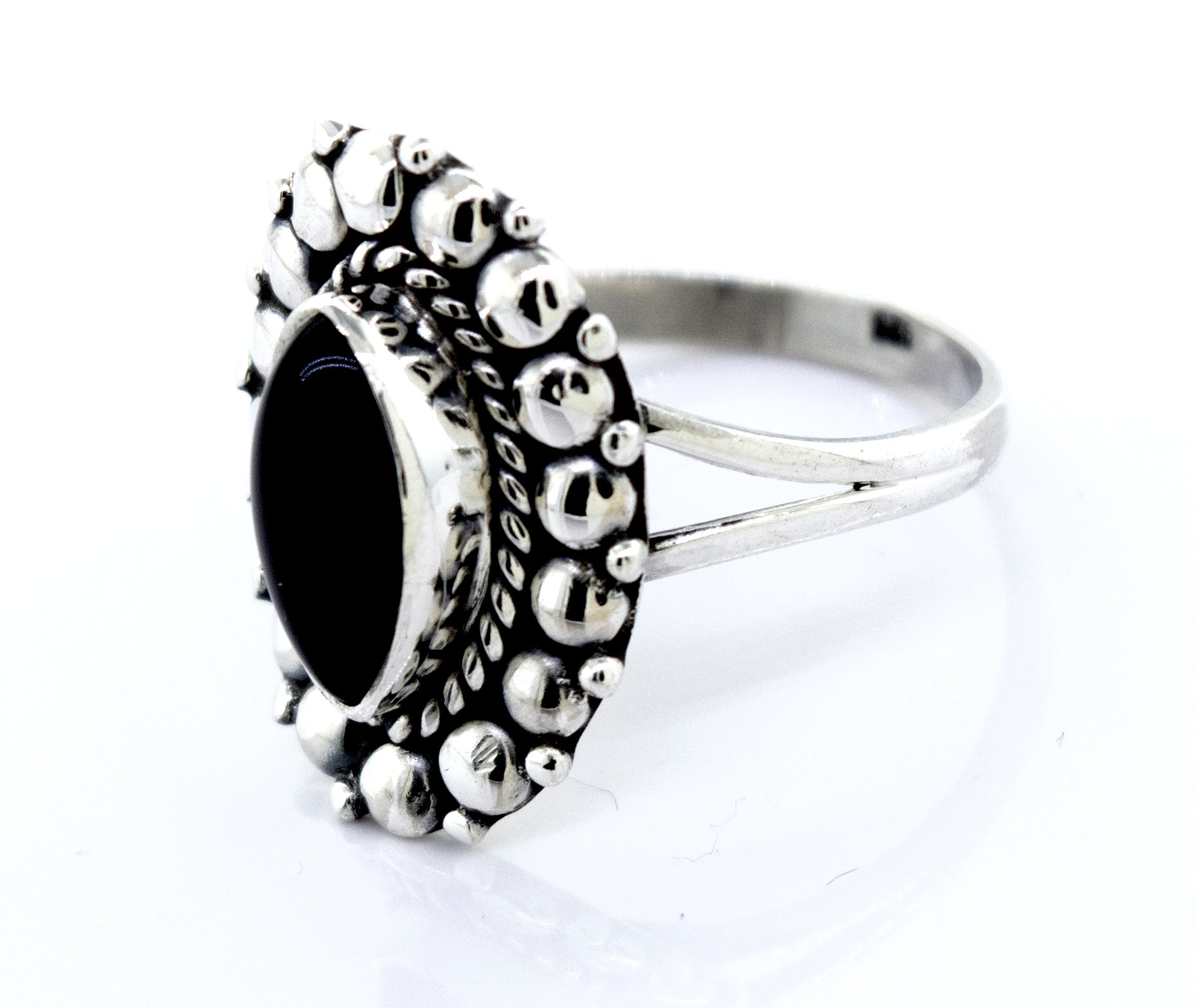 An elegant Super Silver Marquise Shaped Elegant Onyx Ring with a beautiful black onyx stone.