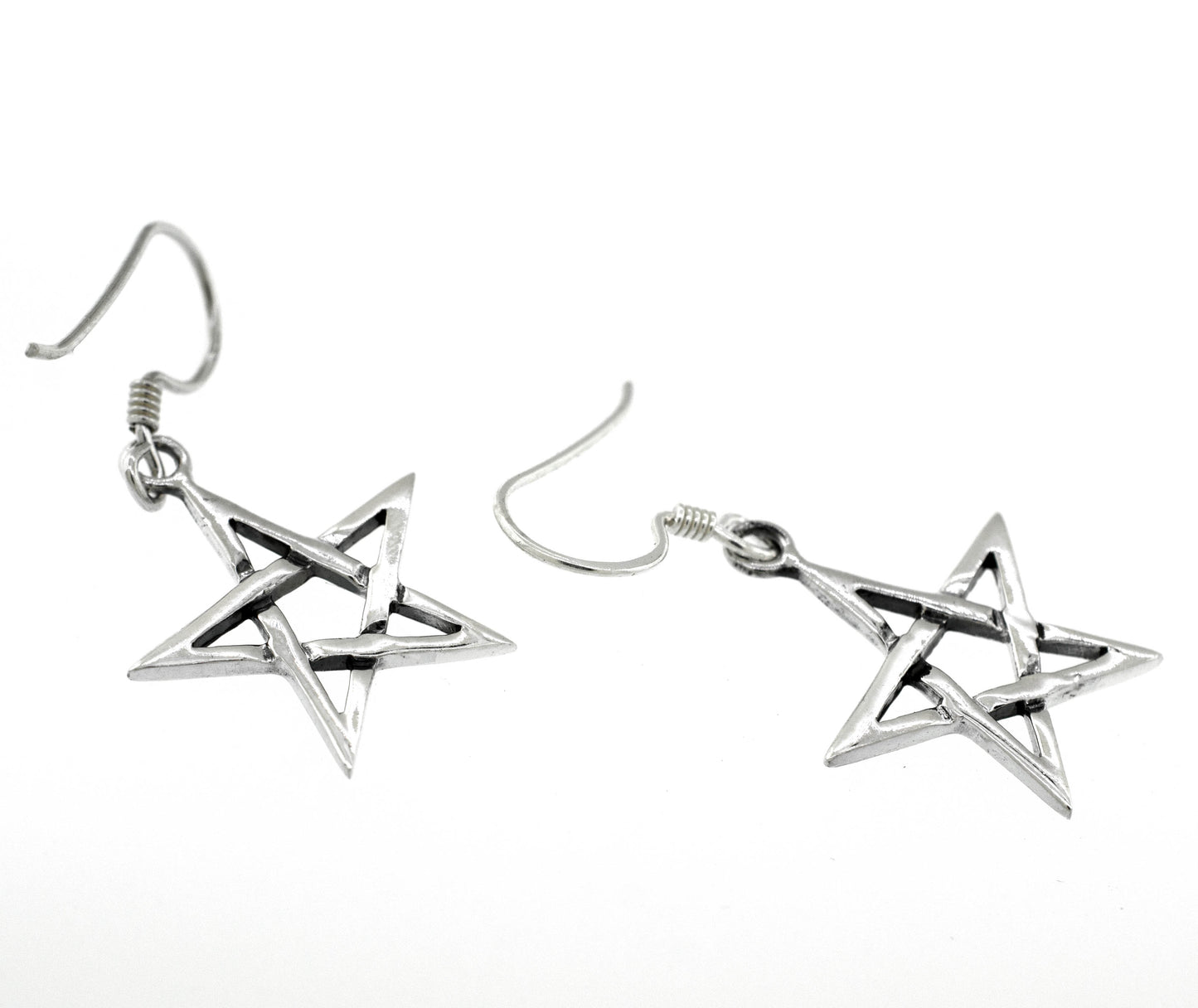 A pair of Super Silver sterling silver pentagram earrings on a white background.