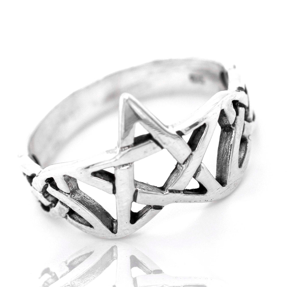 A silver Pentagram With Celtic Knot Design ring for men.