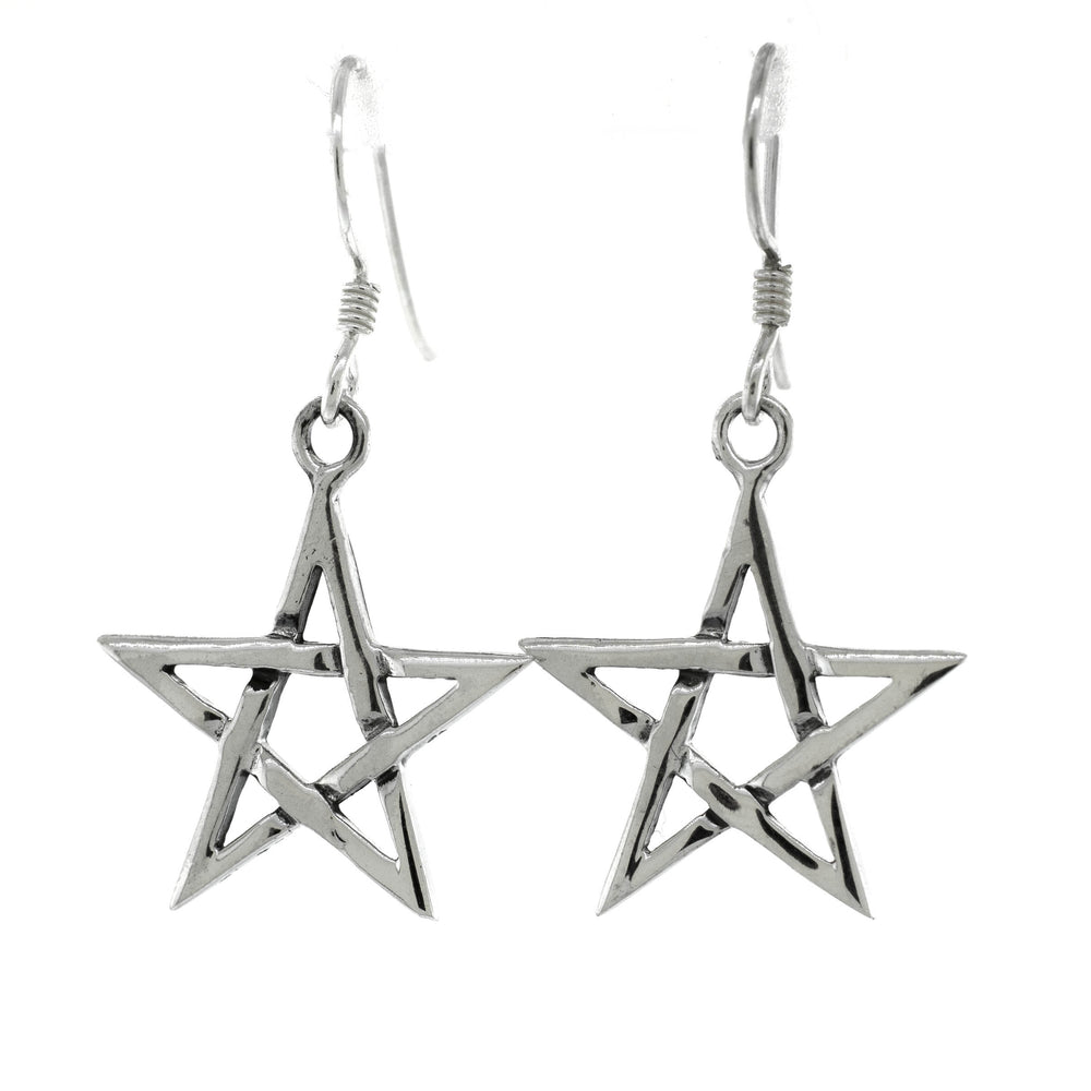 
                  
                    A pair of Super Silver sterling silver pentagram earrings on a white background.
                  
                