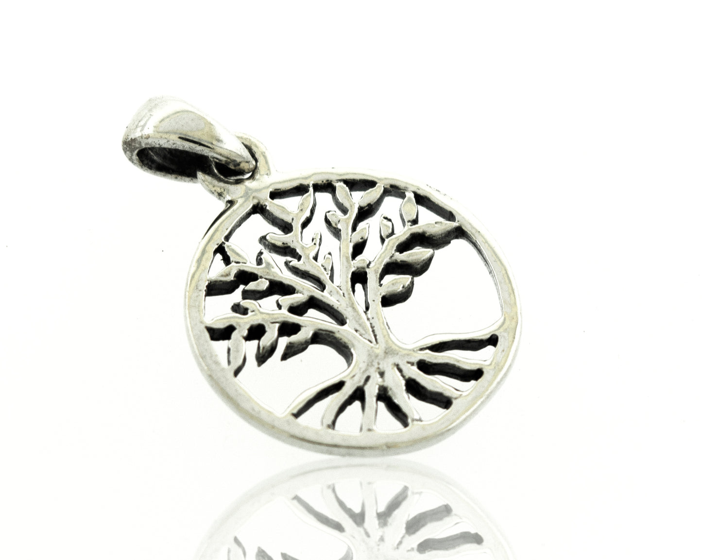 An oxidized Super Silver Tree Of Life Pendant on a white background.