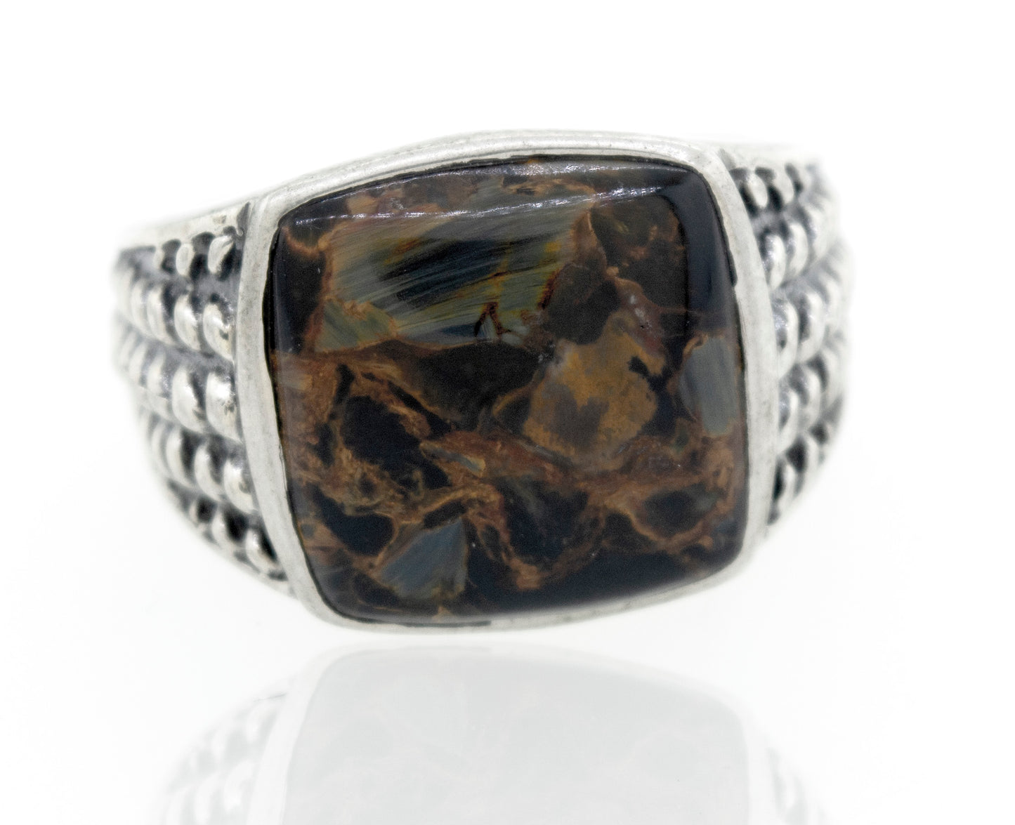 
                  
                    A statement Pietersite Signet Ring With Rope Design with a black and brown stone.
                  
                